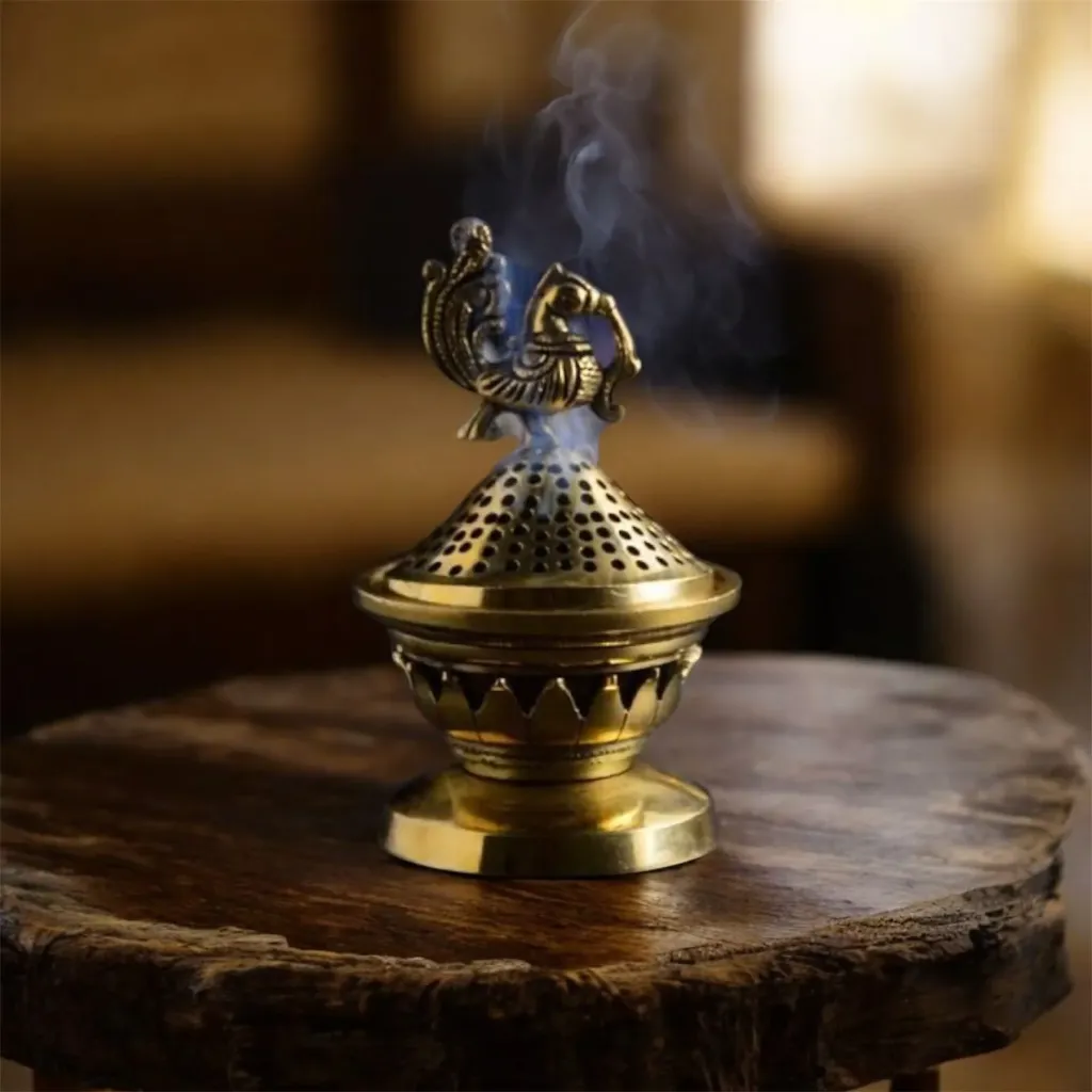 Brass peacock dhoop daan