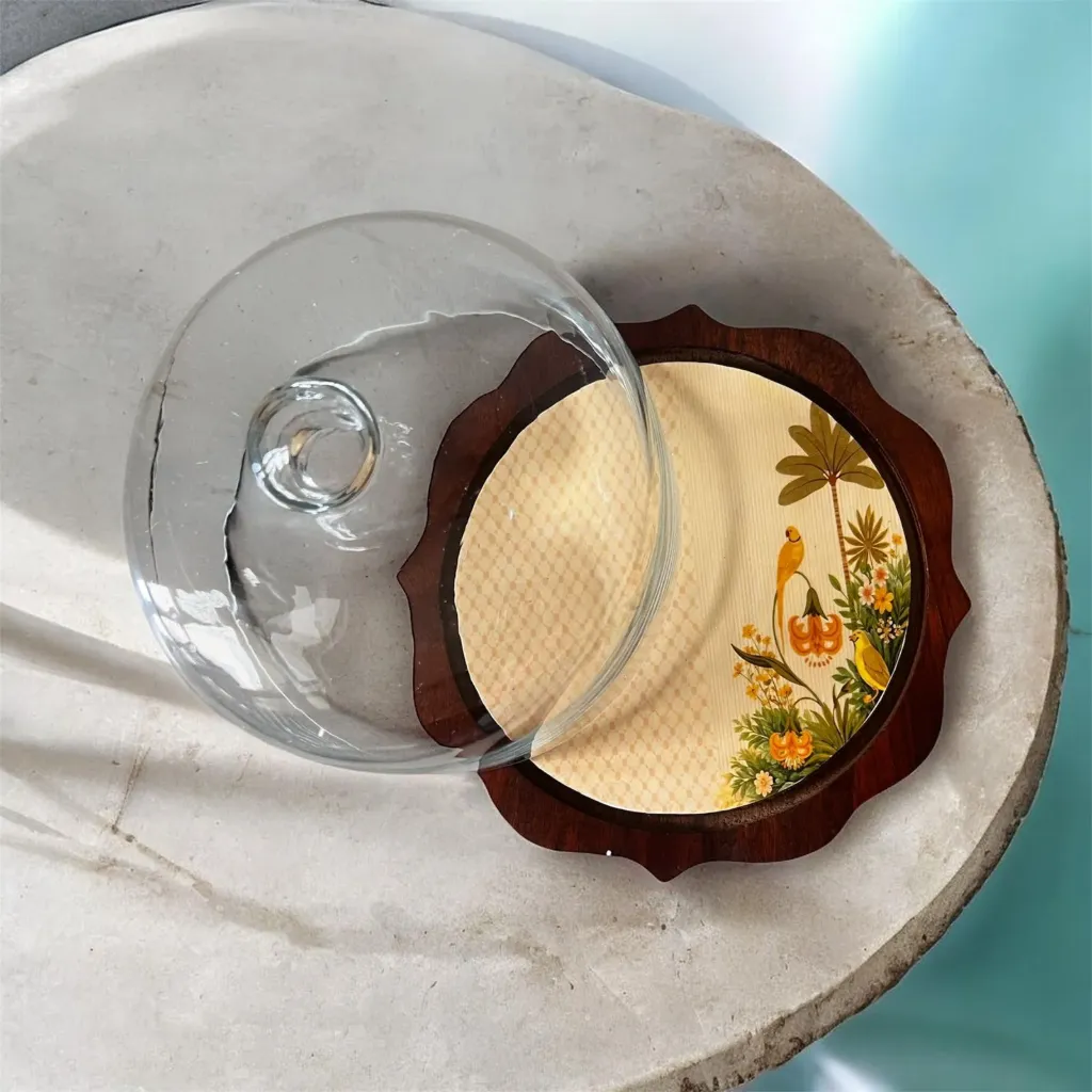 Clear Glass Printed Cake Cloche With Wooden Base
