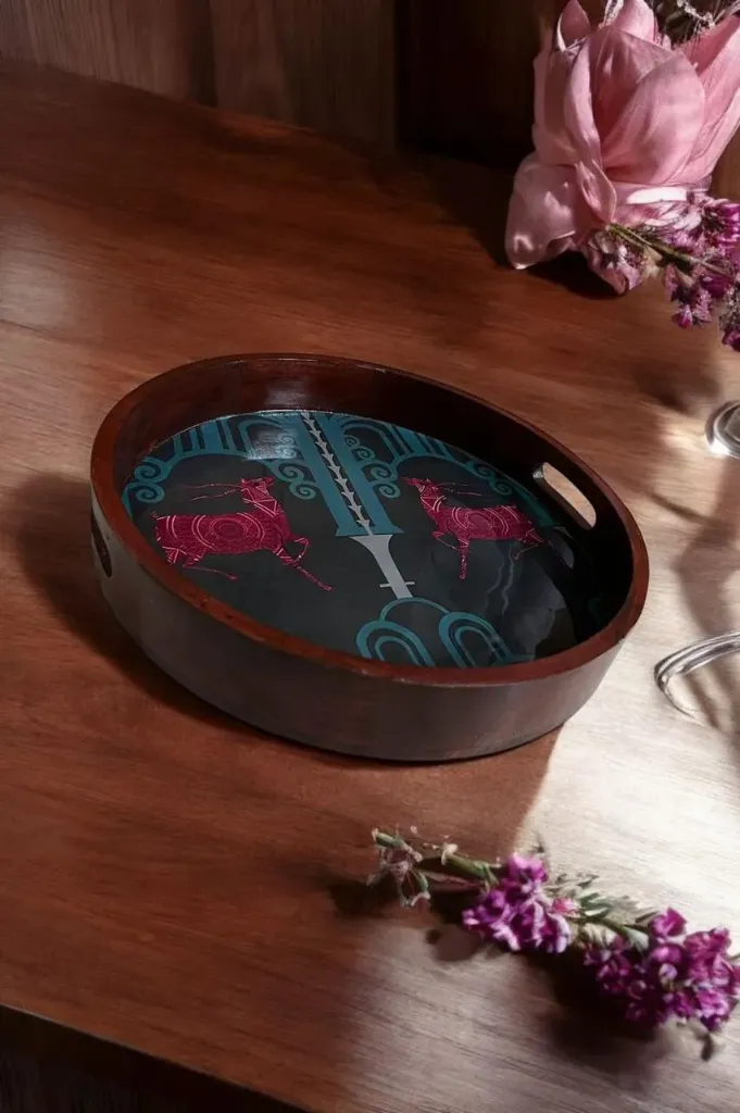 Rustic deer wooden printed round tray